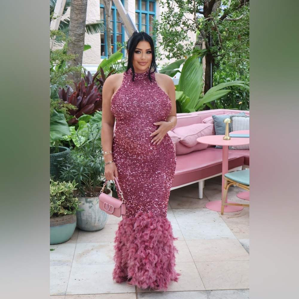 Zoey Feathered Sequin Gown - Mauve